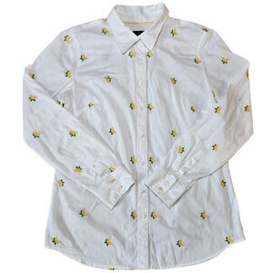 Talbots Womens Sz Small White Classic Cotton Button Up Shirt Embroidered Lemons